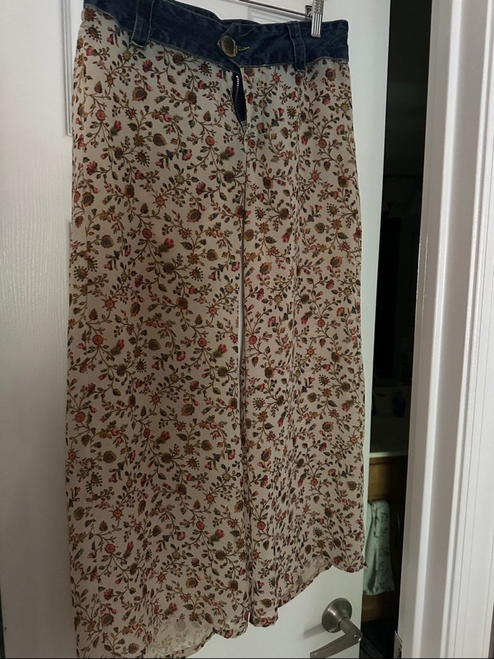 Limelight Beige Floral pants with Dark Denim Waistband